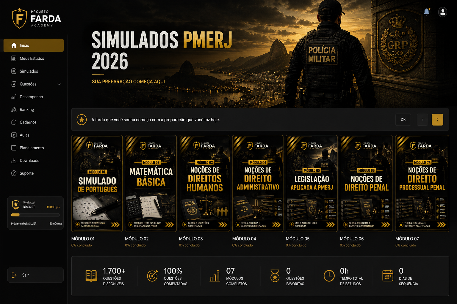 Área de membros do Simuladão PMERJ 2026 com os módulos de estudo