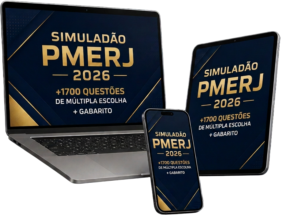 Mockup do Simuladão PMERJ 2026 exibido em notebook, tablet e smartphone
